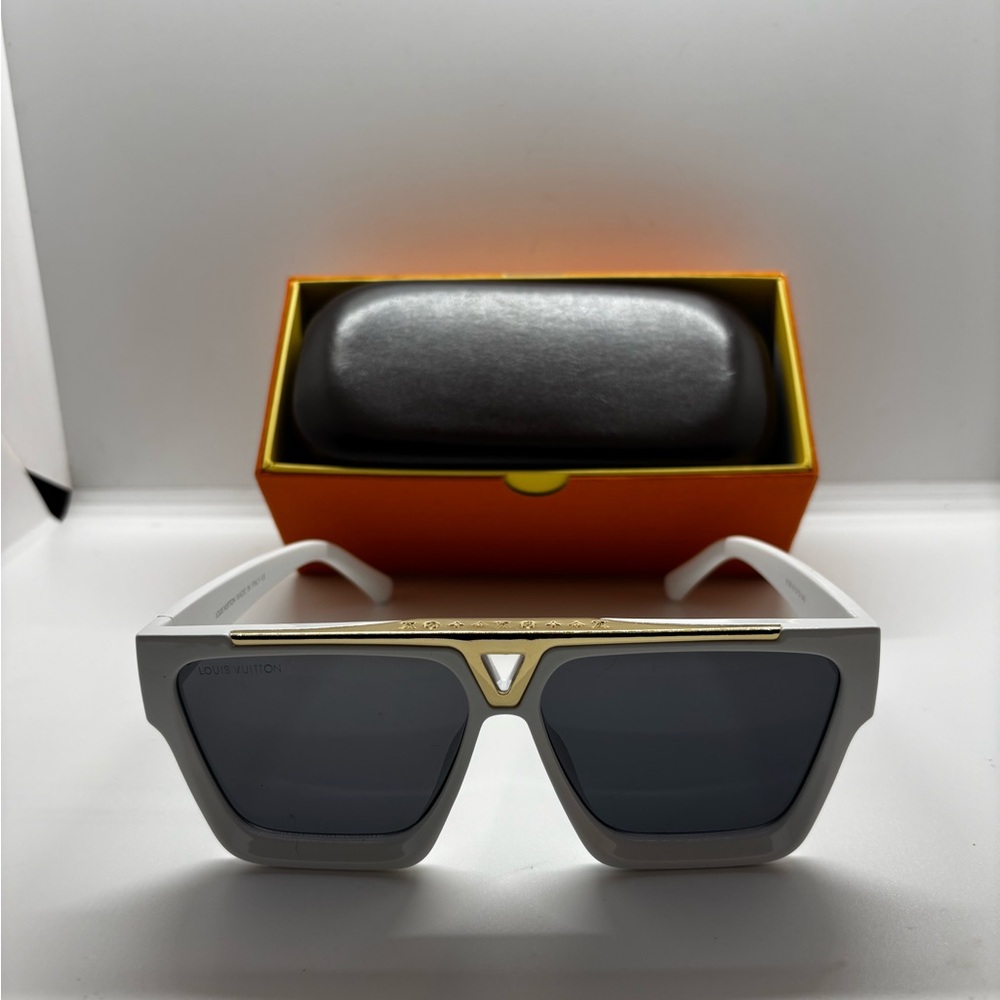 White & Gold Shield Sunglasses - Dark Gray Lenses
